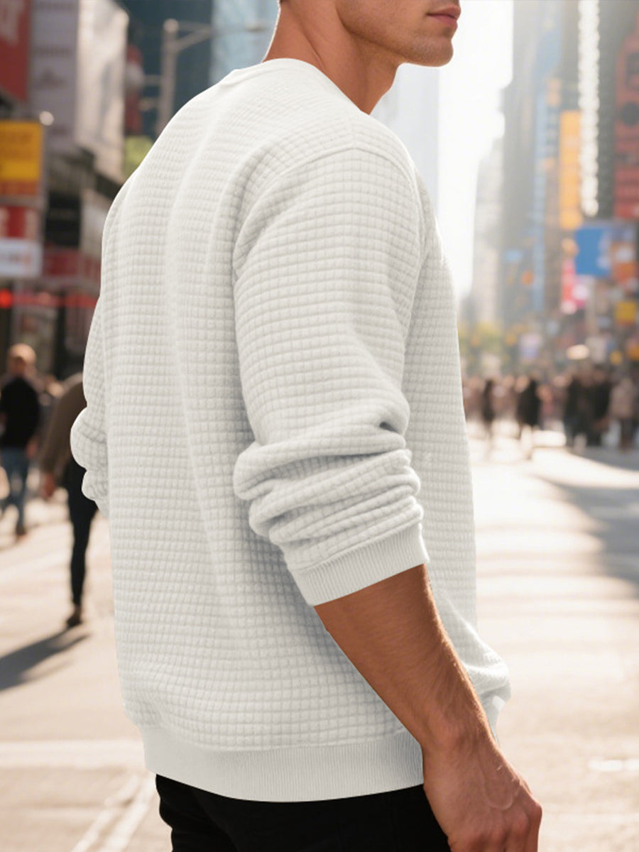 4pcs Men's Textured Sweatshirt, Fashionable Jacquard Texture Crew Neck Sweatshirt, Three-Dimensional Pineapple Check Pattern Solid Color Pullover, Spring and Autumn Warm Long-Sleeve Sweatshirt, Men's Fashionable Solid Color Simple Lightweight - Khaki + Black + Natural White + Navy Blue