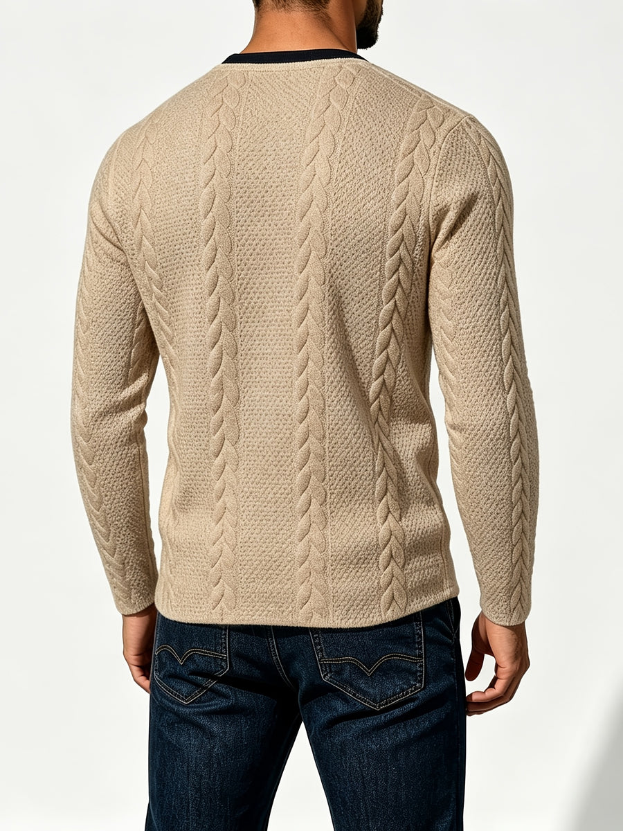 [Joximei OBM] Western Hardman Style Men'S Jacquard Henley Long Sleeve T-Shirt, Shoulder Side Color-Block Patchwork Knit Top, Home Casual Weekend Outing Base Layer, Surprise Gift for Men - Khaki