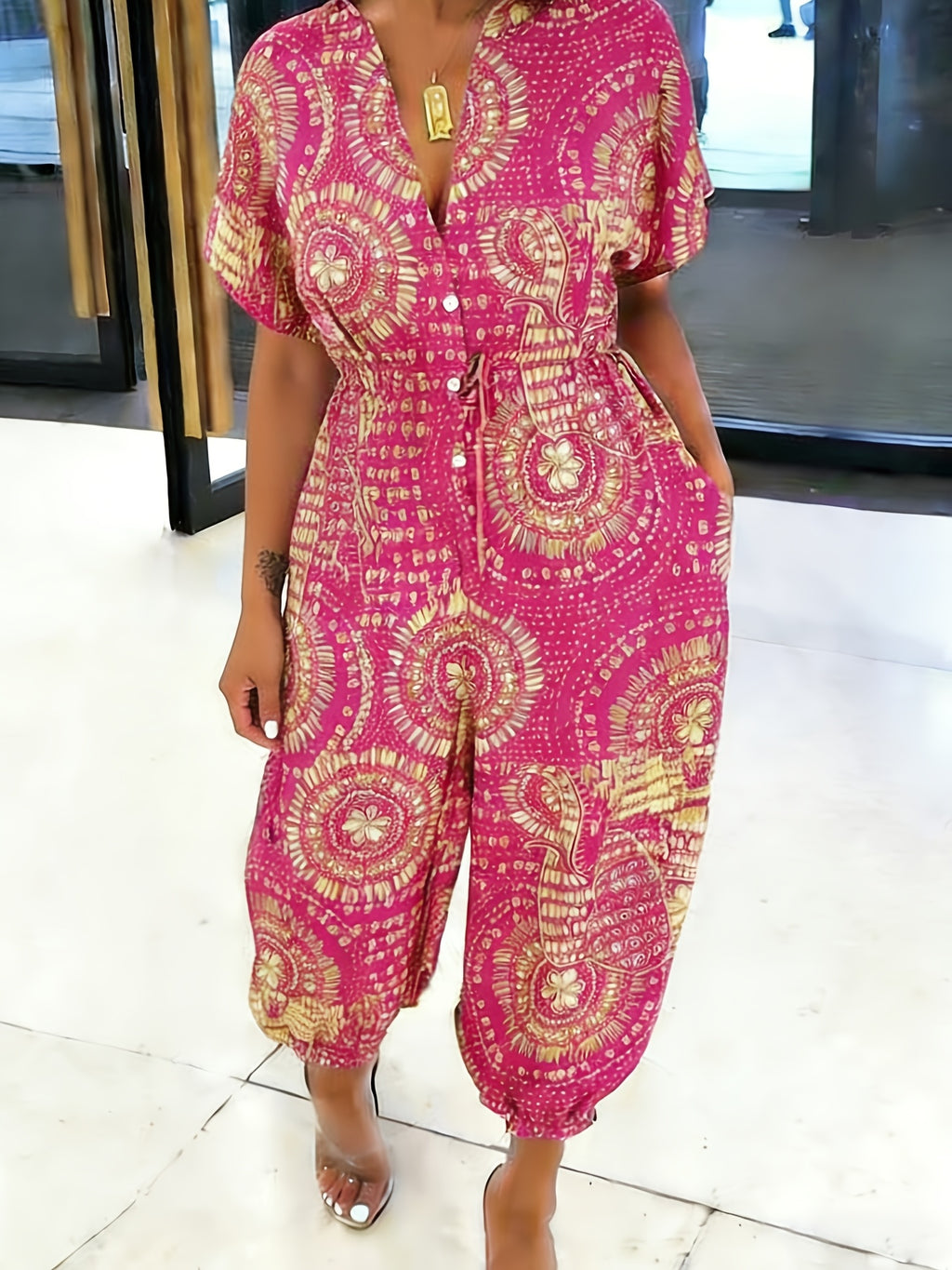 Women's Printed Jumpsuit with Drawstring Waist Ties to Perfectly Define Body Curves, Bell-Bottom Legs to Slim and Flatter Leg Shapes, and Stylish – Suitable for Adults, Casual Summer Jumpsuit, Summer Casual Wear, Vibrant Printed Jumpsuit - Rose Red