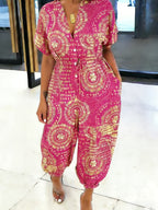 Women's Printed Jumpsuit with Drawstring Waist Ties to Perfectly Define Body Curves, Bell-Bottom Legs to Slim and Flatter Leg Shapes, and Stylish – Suitable for Adults, Casual Summer Jumpsuit, Summer Casual Wear, Vibrant Printed Jumpsuit - Rose Red