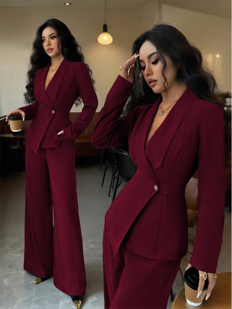 Women's Elegant Lapel V-Neck Long Sleeve Unique Design Belted Button-Up High-End Blazer and Straight-Leg Wide-Leg Pants 2pcs Set, Autumn Commuter Outfit for Women - Deep Red