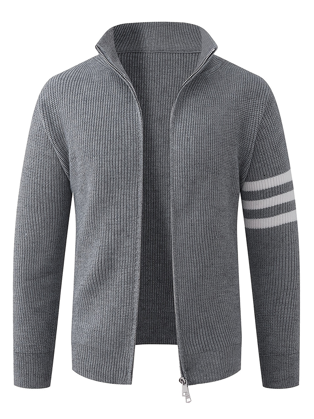 Autumn/Winter New Arrival Half-Turtleneck Striped Knit Cardigan Sweater for Men, Relaxed Style Pullover Jacket Top - Grey
