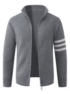 Autumn/Winter New Arrival Half-Turtleneck Striped Knit Cardigan Sweater for Men, Relaxed Style Pullover Jacket Top - Grey