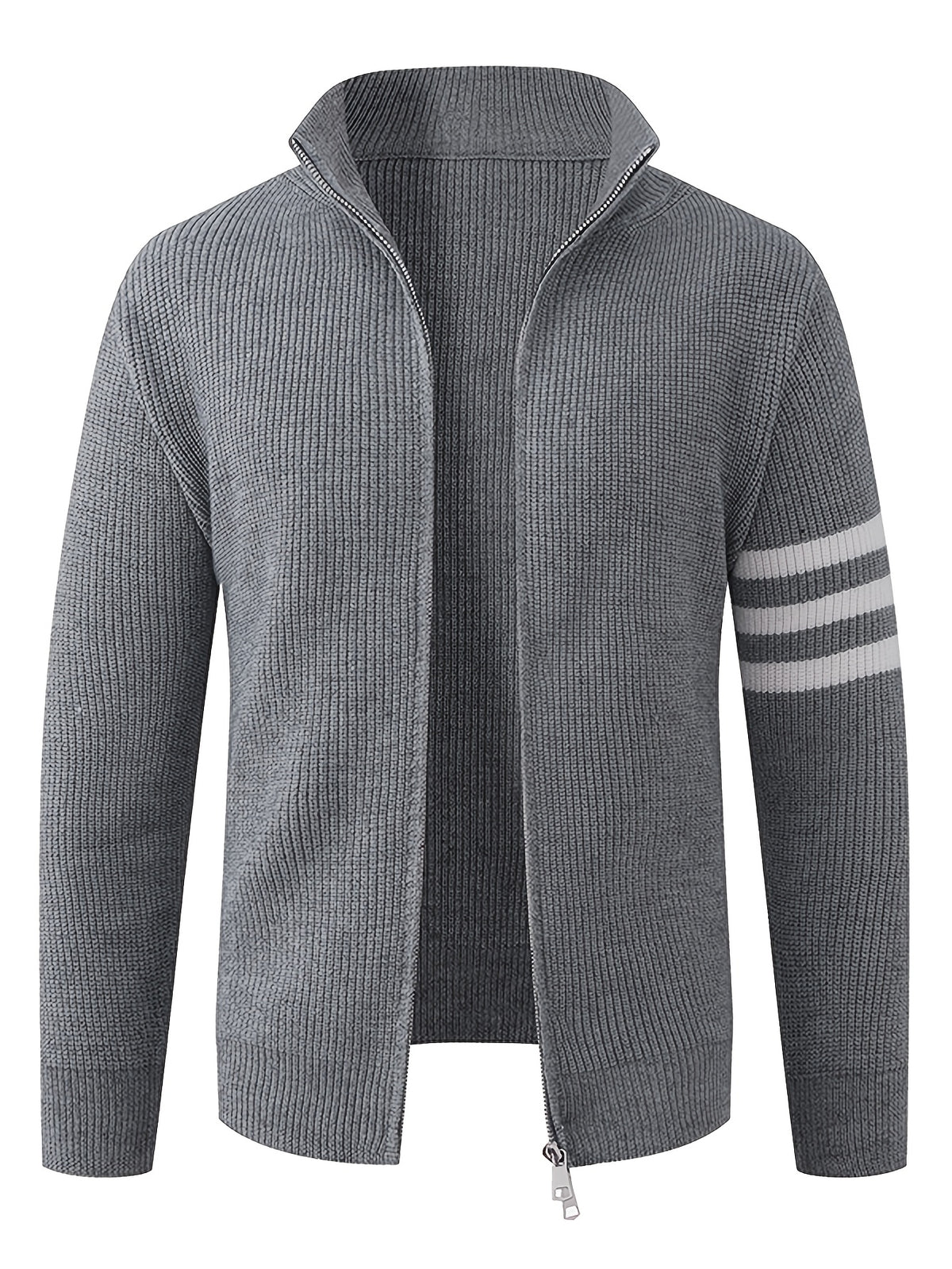 Autumn/Winter New Arrival Half-Turtleneck Striped Knit Cardigan Sweater for Men, Relaxed Style Pullover Jacket Top - Grey