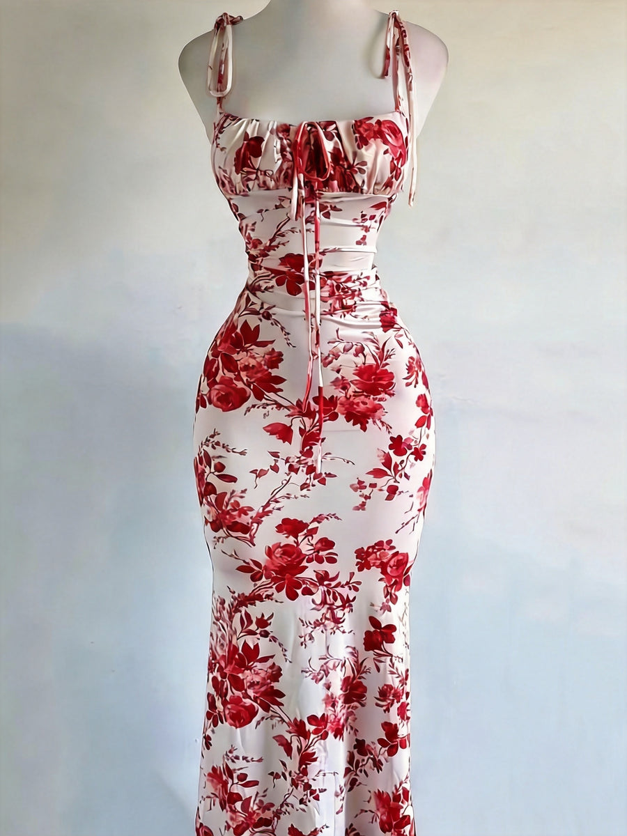 Y2K Vacation Floral Print Backless Long Fishtail Dress - Tie-String Straps, Fitted - Red