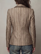 2026 Autumn New Style, Commuter Elegant Style, Striped Printed Leopard Pattern Lapel Patchwork Design Single Button with Lining, Long Sleeve Waist-Cinching Suit Jacket, Suitable for Casual Commute Outerwear - Milk Coffee
