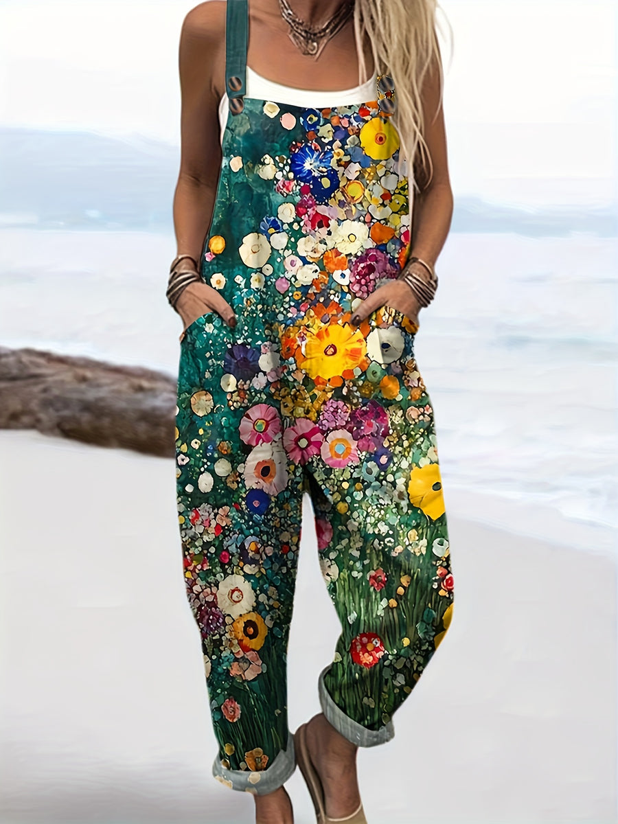 Fashionable and Versatile Home Suspender Jumpsuit - Floral 0472 - Multicolor