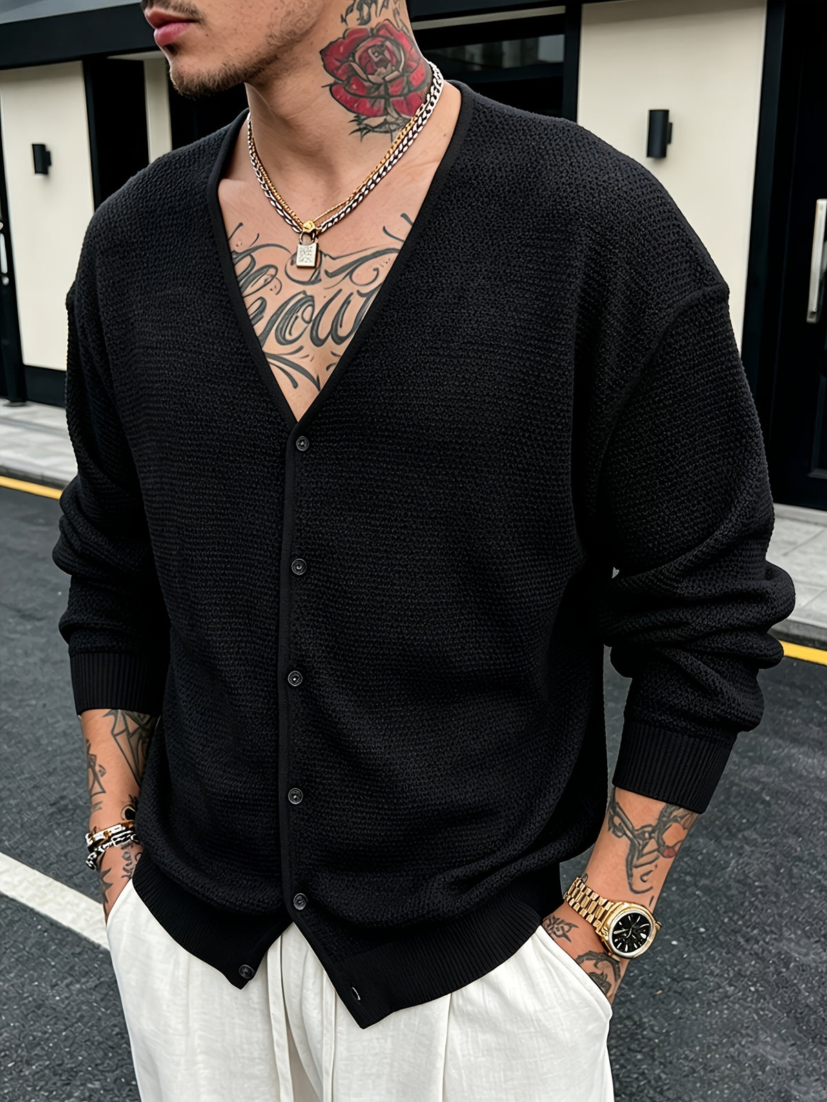 Men's Hollow-Knit V-Neck Cardigan Top, Unisex Summer Outerwear Suitable for Vacation, Fashion, Casual, and Commuting - Black