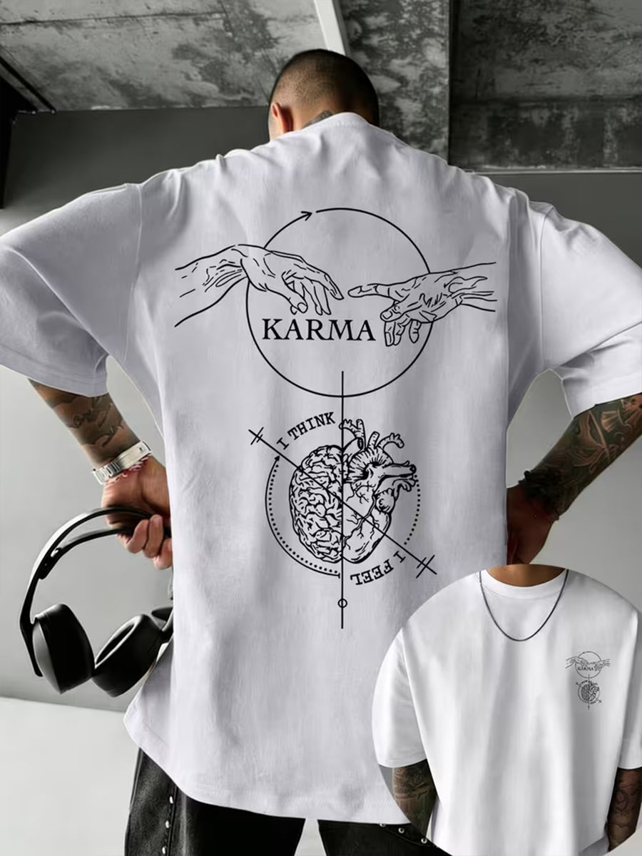 Causal Reincarnation Brain Heart Hand-Drawn Men'S Pure T-Shirt, Front And Back Double-Sided Genesis Hand, Half-Brain Heart Line English Print with Niche Dark Art Atmosphere, 100% Fabric Breathable And Skin-Friendly - White