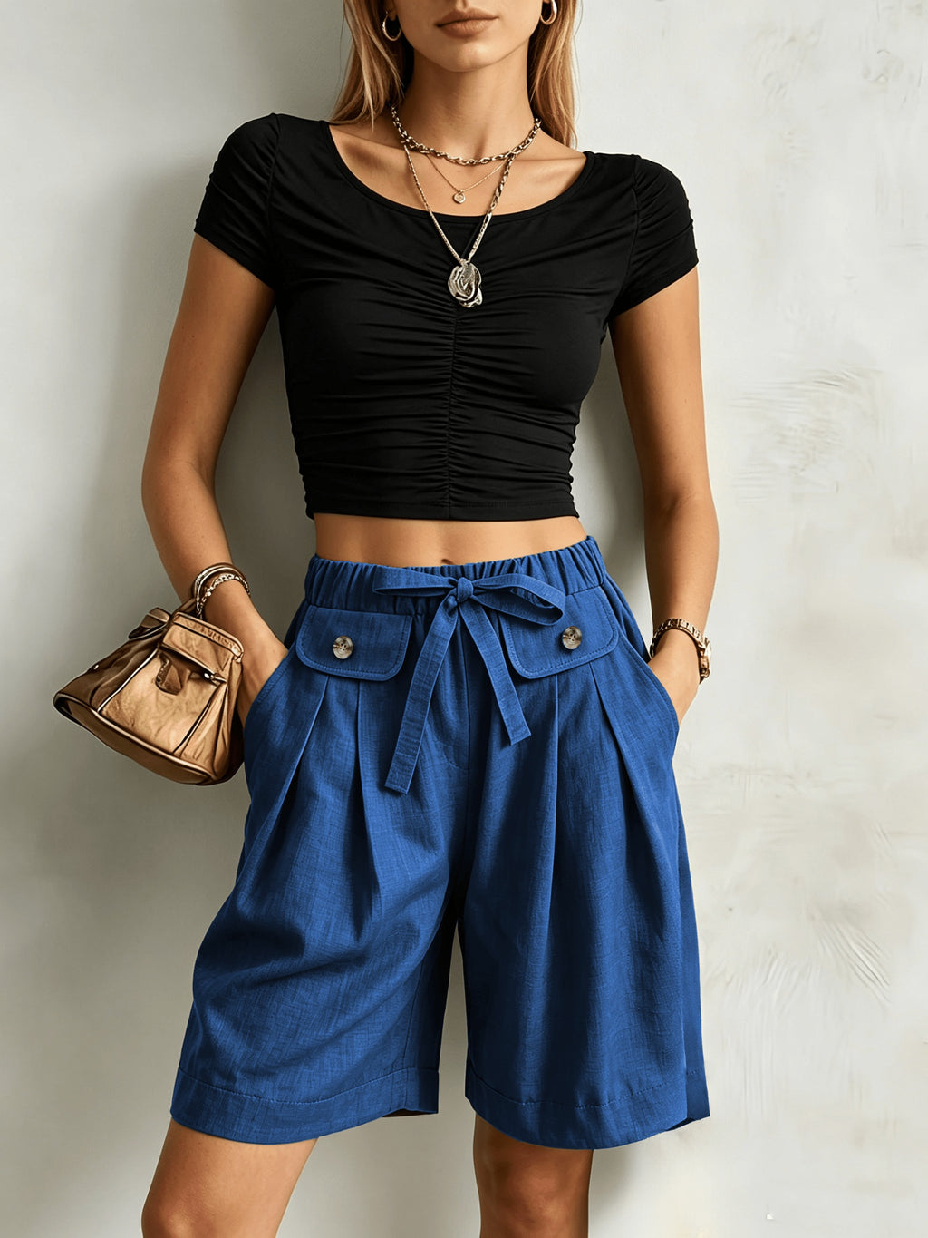 Women'S Casual Solid Color Straight Shorts, Retro Cargo Style Wide-Leg Bermuda Shorts, High-Waist Drawstring Pocket Design Loose Casual Trousers - Blue
