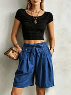 Women'S Casual Solid Color Straight Shorts, Retro Cargo Style Wide-Leg Bermuda Shorts, High-Waist Drawstring Pocket Design Loose Casual Trousers - Blue
