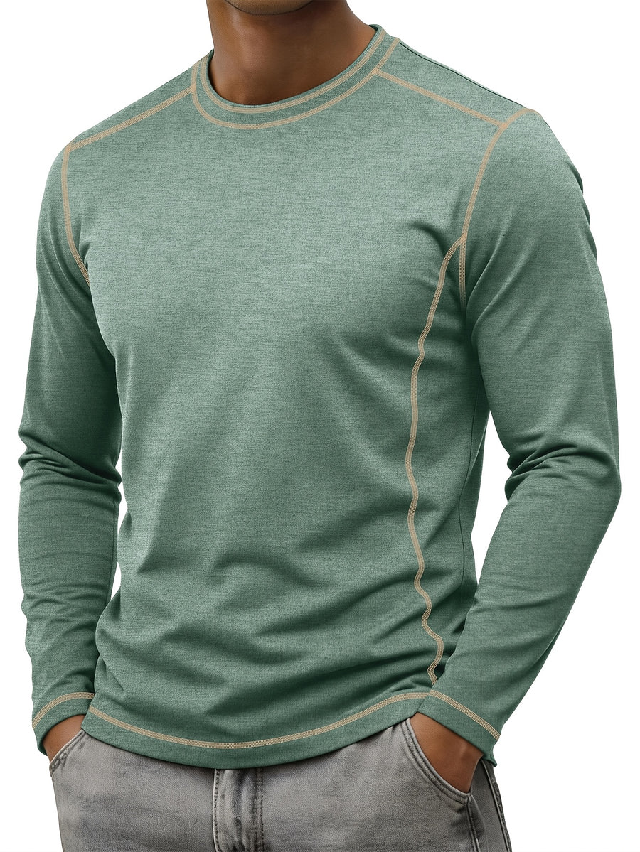 Men's Retro Patchwork T-Shirt - Solid Color Base with Contrast Patch Suitable for Fall/Winter, Round Neck Long Sleeve Casual Layering Top, Machine Washable Blending Shirt for Outdoor & Casual Attire (Regular Fit) - Green