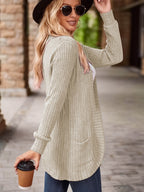 Women's Solid Color Brushed Casual Spliced Long Sleeve Cardigan - Apricot