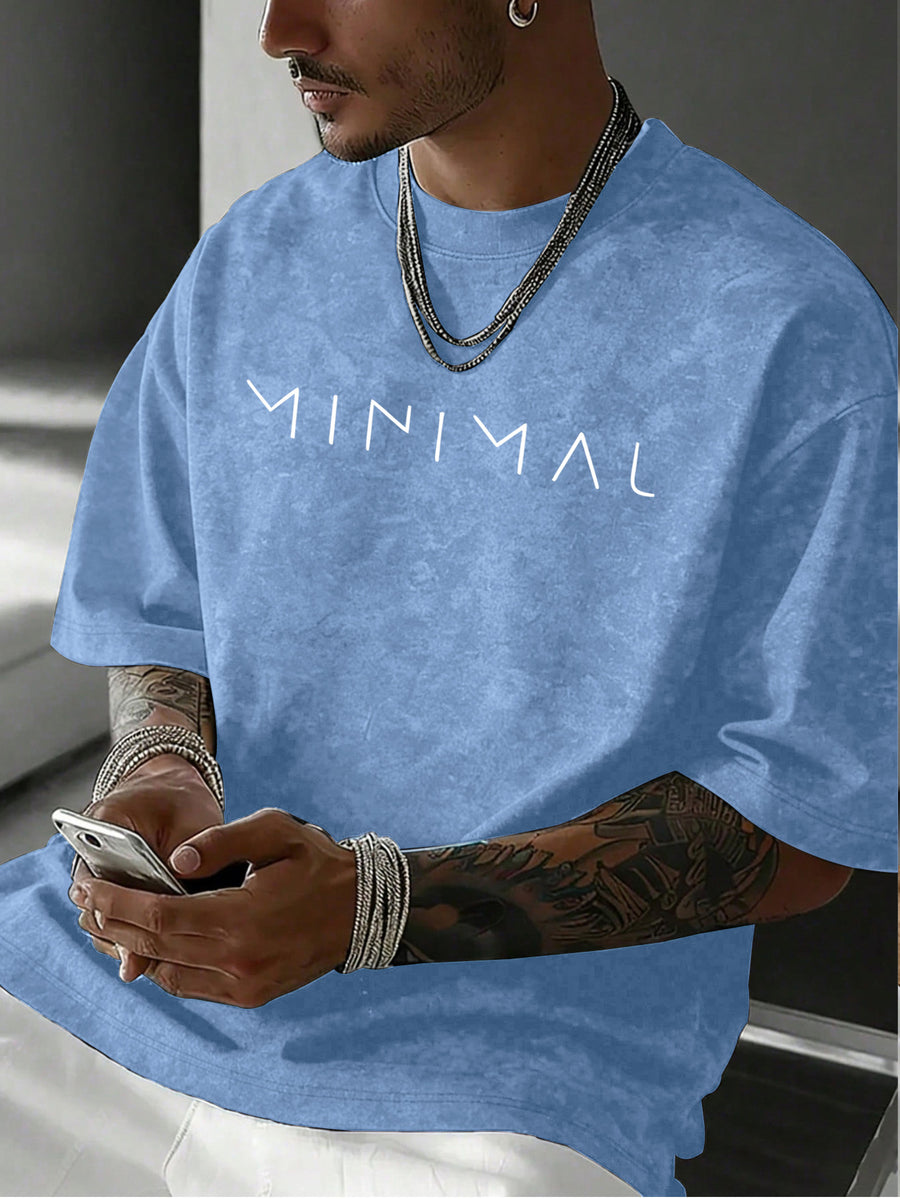 Easy Letter Short Sleeve Men'S Washed Distressed T-Shirt, High Street Style Versatile Top - Light Blue