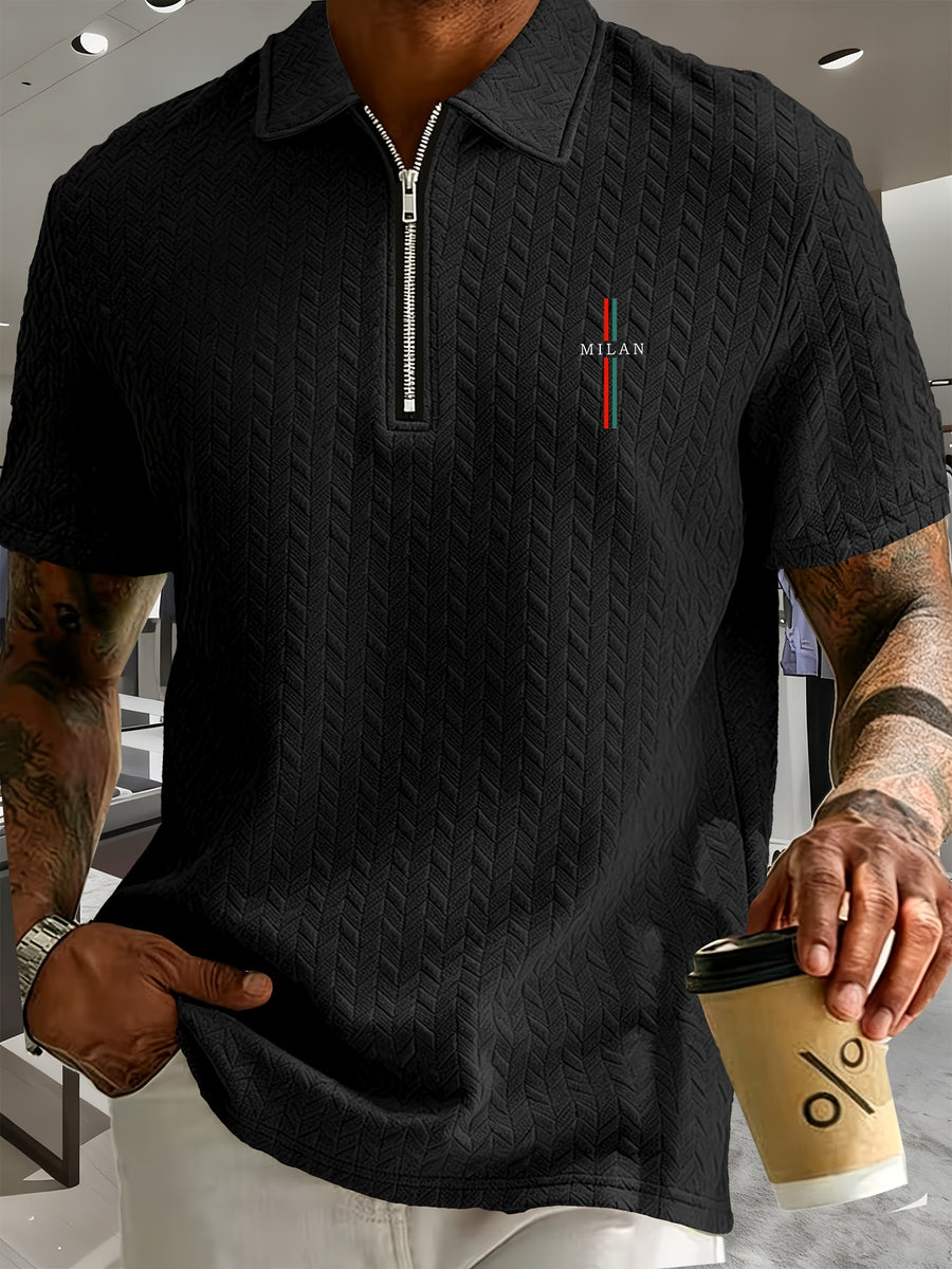 Men'S Summer Fashion Breathable Polo Shirt Short Sleeve, Easy Style, 3D Jacquard Texture Fabric, Vertical Texture Very Good, Zipper Collar Design, Easy Style Small Print Pattern And Zipper Details - Black