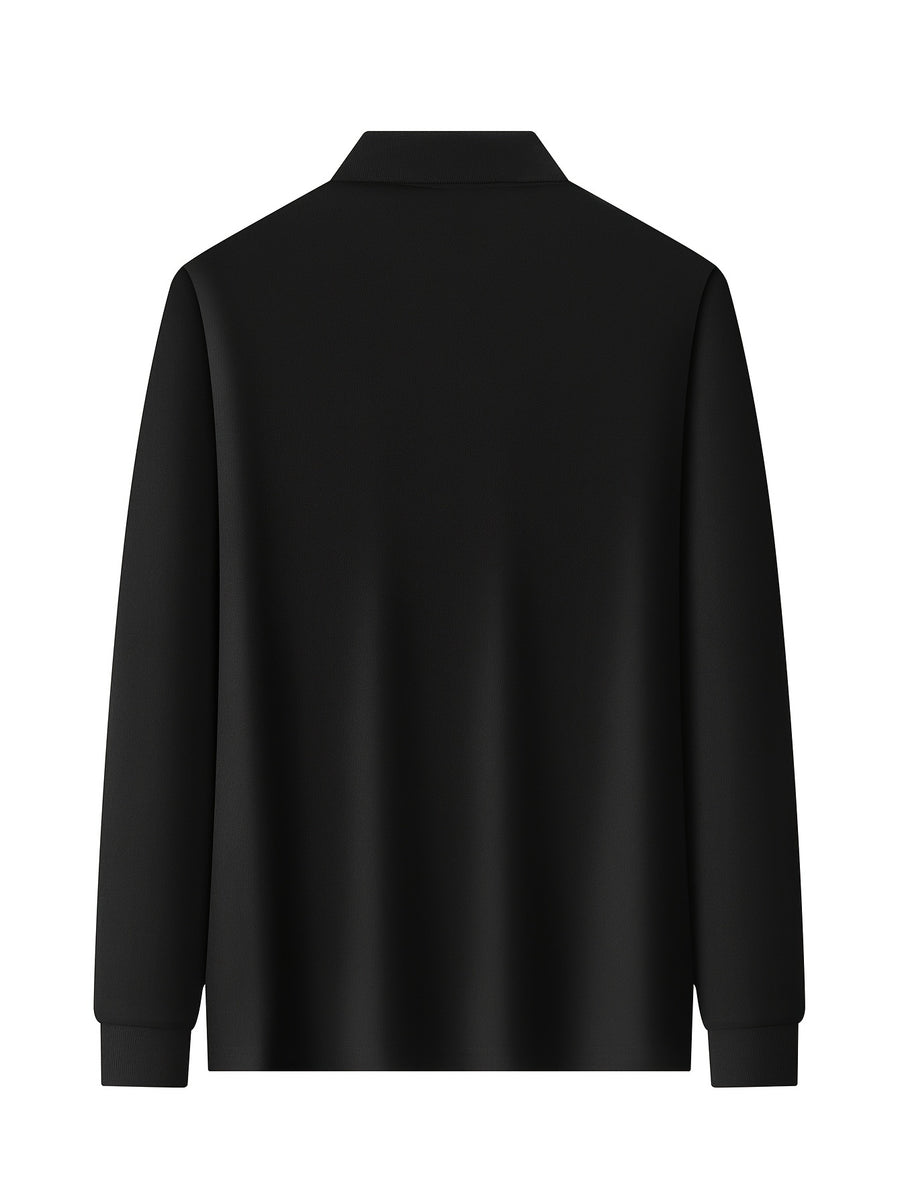 Fresh Solid Color Easy Lapel 3-Button Design Spring Autumn Casual Commute All-Match Men'S Long Sleeve POLO Shirt - Black