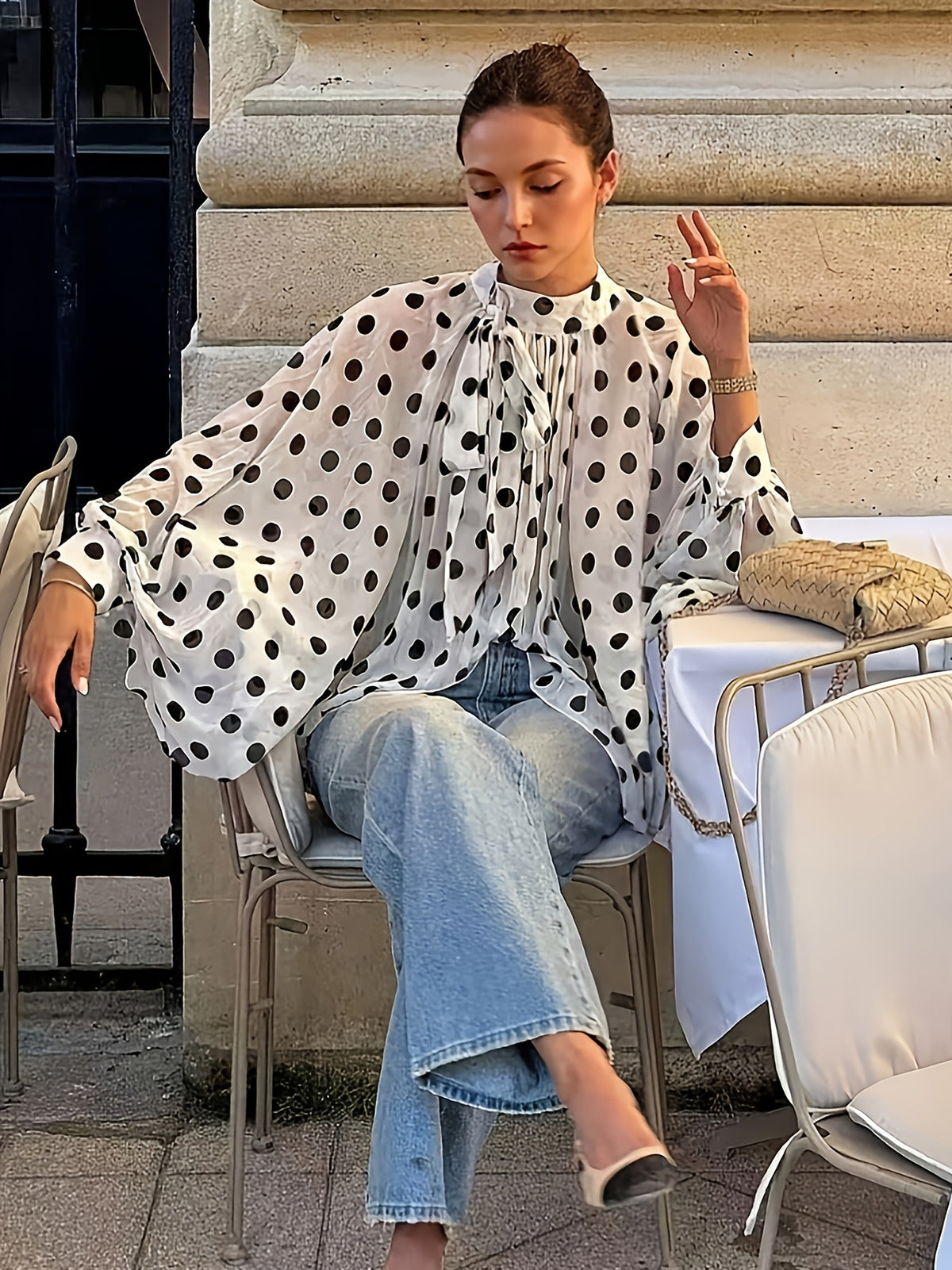 Fashionable Spring/Summer Elegant Casual Semi-Sheer Polka Dot Pattern Shirt Bow Tie Collar Lantern Sleeve Loose Fit Women'S Shirt - White