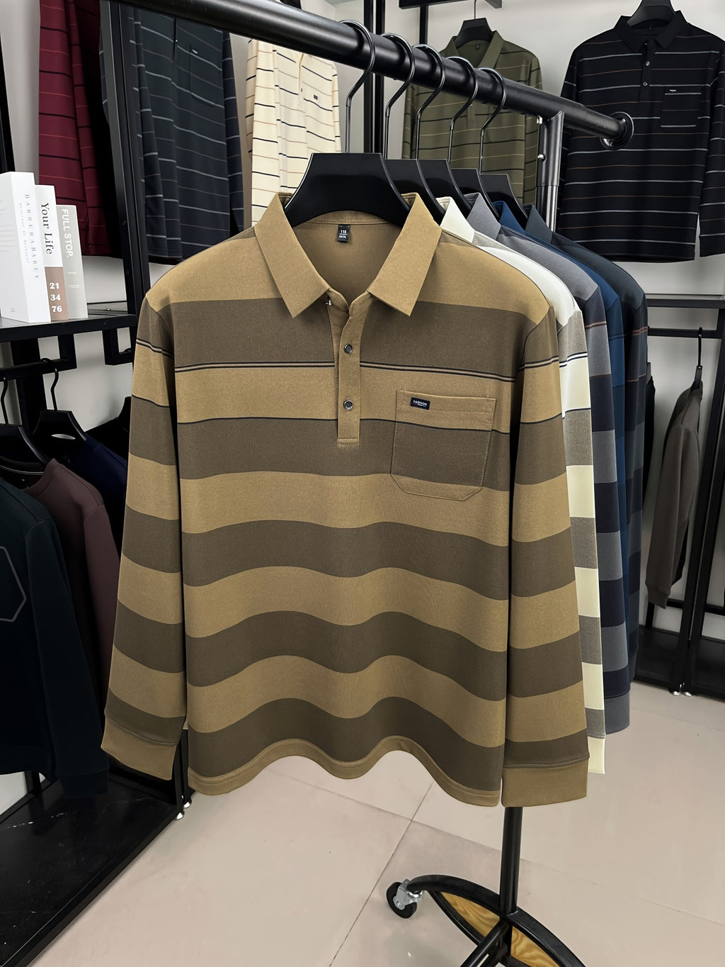 Autumn Men'S Long Sleeve T-Shirt 2026 New Style Wide Stripe Lapel with Real Pockets Casual Long Sleeve POLO Shirt - Khaki