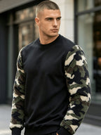 Men'S Autumn Winter Round Neck Plush Sweatshirt, Fashionable Plush Fabric Color-Block Patchwork And Solid Color Design, Wrinkle-Resistant Soft Knit Material, Very Practical. Suitable for Students' Daily Wear on Campus, Outings, Dates, Commuting - Black