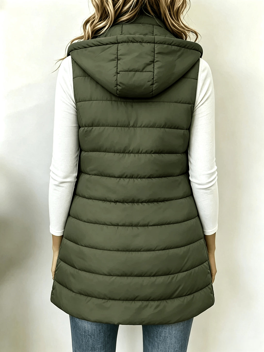 Autumn/Winter Women's Fashion Casual Stand Collar Hooded Vest Padded Coat Warm Outerwear - Olive Green