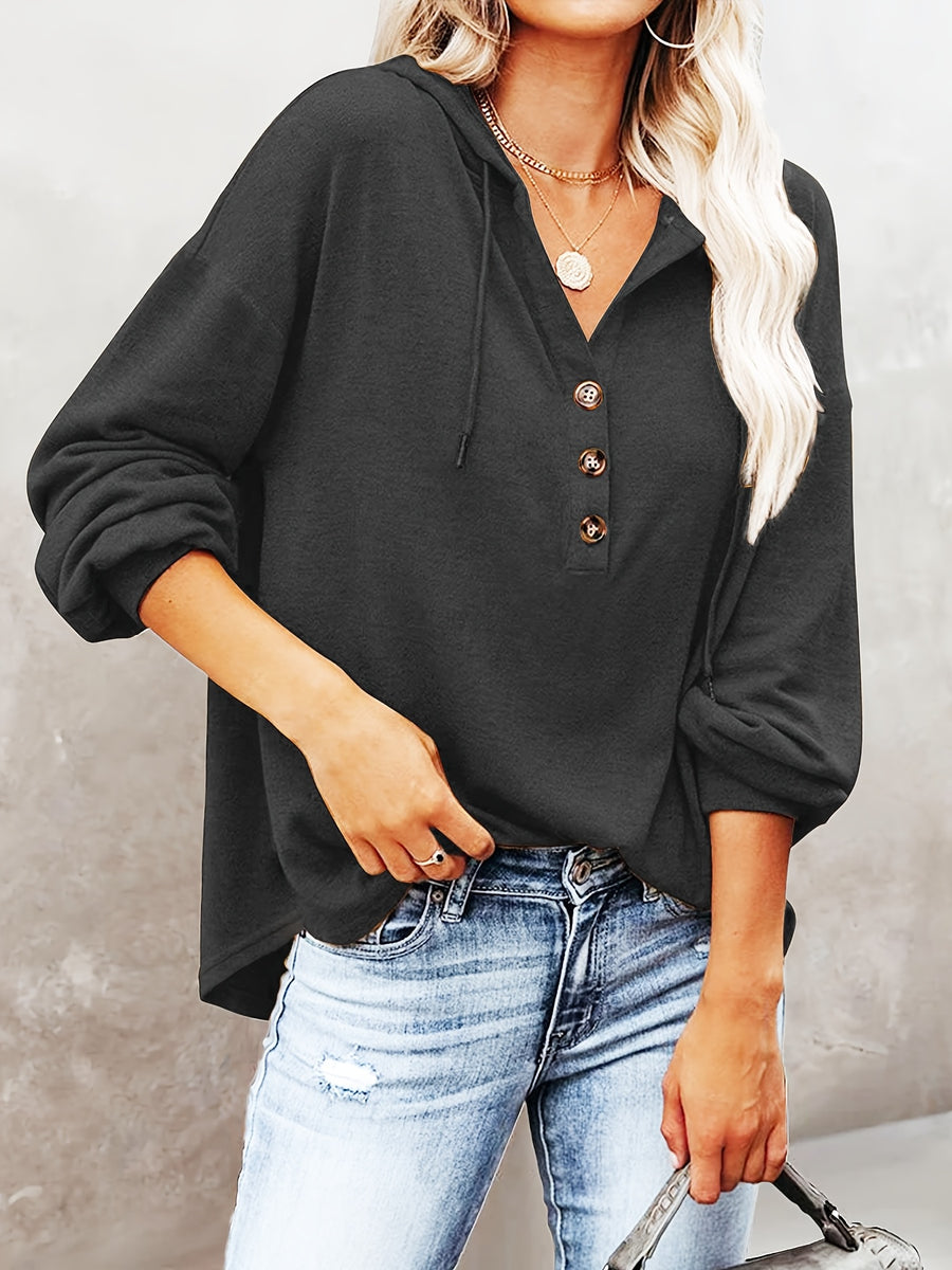 New Autumn/Winter Women's Fashion Hoodie, Casual Loose Pullover with Drawstring, Solid Color Long Sleeve, Relaxed Style Mid-Length Hooded Sweatshirt - Black