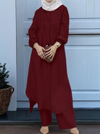 Eid | Elegant Front Button Autumn-Winter 2pcs Jilbab Set | Plain Front Button Abaya Women Modest + Loose Wide Leg Pants | Banquet, Date, Urban Commute - Burgundy