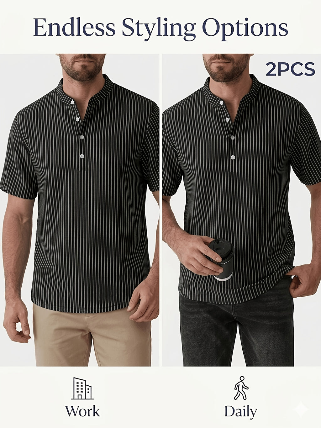 Josh Rose OBM 2pcs Men's Henley Shirts, Men's Summer Short Sleeve Regular Fit, Lightweight and Breathable, 95% Linen, Solid and Striped in Black and White, Features 4 Buttons, Suitable for Summer Daily Work, Casual, and Vacation Occasions - Black+black