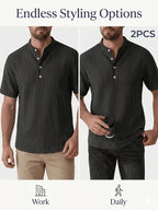 Josh Rose OBM 2pcs Men's Henley Shirts, Men's Summer Short Sleeve Regular Fit, Lightweight and Breathable, 95% Linen, Solid and Striped in Black and White, Features 4 Buttons, Suitable for Summer Daily Work, Casual, and Vacation Occasions - Black+black