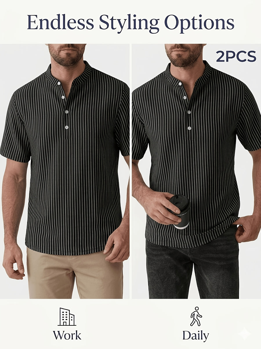 Josh Rose OBM 2pcs Men's Henley Shirts, Men's Summer Short Sleeve Regular Fit, Lightweight and Breathable, 95% Linen, Solid and Striped in Black and White, Features 4 Buttons, Suitable for Summer Daily Work, Casual, and Vacation Occasions - Black+black
