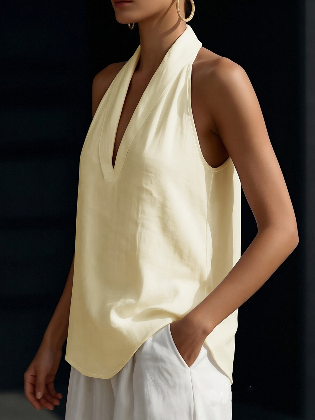 Women' French-Style Off-Shoulder Halter Neck T-Shirt - Solid Color Sleeveless Top, Machine Washable Suitable for Casual, Commuting, Banquets & Dates, Elegant Versatile for Year-Round Wear - Yellow