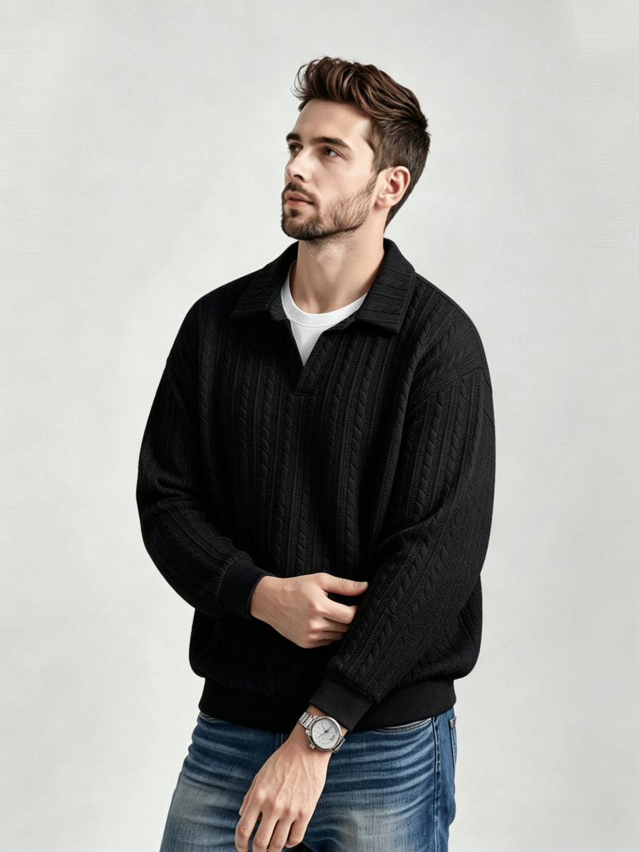 Men'S Vintage Jacquard Knit Lapel Sweatshirt Loose Fit Half-Button Textured Pullover Top Casual Street Style Long Sleeve Lapel Sweater - Black