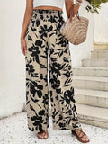 Women's Floral Print Wide-Leg Pants - High-Rise, Loose Fit, Lightweight Polyester, Casual Spring/Summer/Fall Outing Wear, Seasonal Fashion | Summery Vibe Pants | Flowing Fit Pants, Cute Pants - Apricot