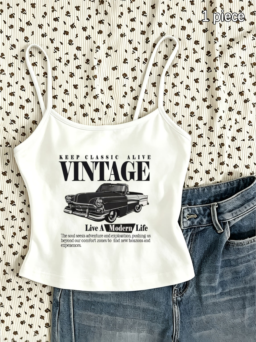 Retro Car Patchwork Camisole KEEP CLASSIC ALIVE VINTAGE Live a Modern Life Multi-Line English Vintage Convertible Car Short Sentence Text Combination Printed Pattern Mini Camisole Short Distance Travel Cafe Shopping Commuting Wear Spring Summer New - White