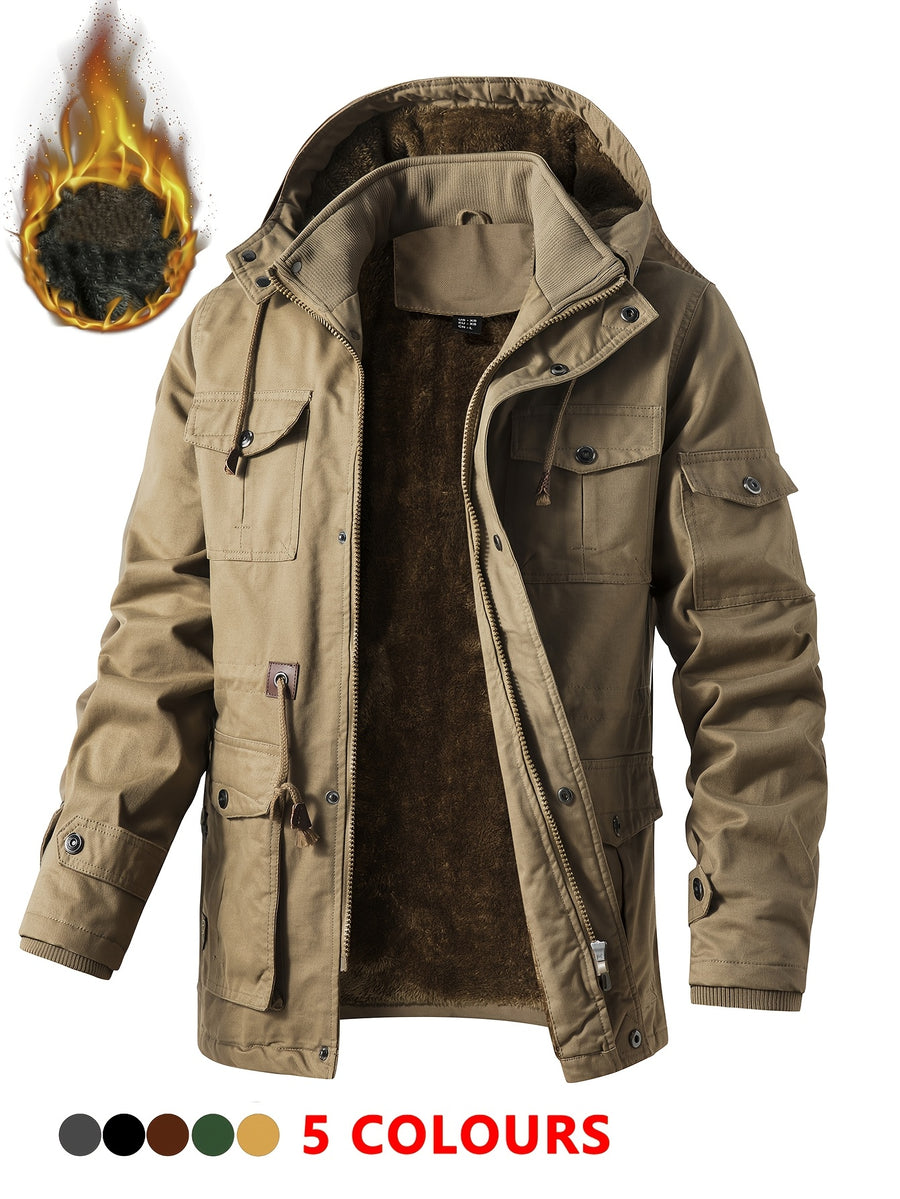 Men'S Heavyweight Winter Jacket Thickened Casual Cargo Detachable Hood Bomber Jacket Stand Collar Zipper Multi-Pockets Warm Coat Thickened Jacket Peacoat - Khaki