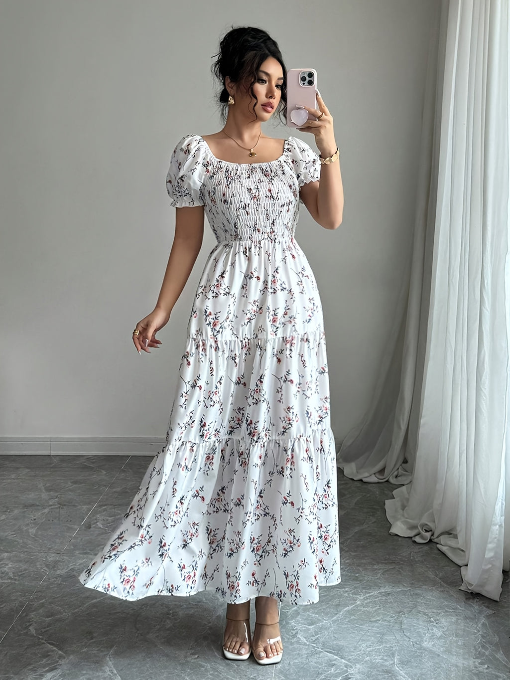 Elegant Floral A-Line Dress for Women - Short Sleeve, Ruffled Shoulder Detail, Tiered Ruffle Hem, Square Neck, Spring/Summer Collection, White with Pink Flowers, Polyester Fabric, Adult Size, Floral Dress - Pink Greenish