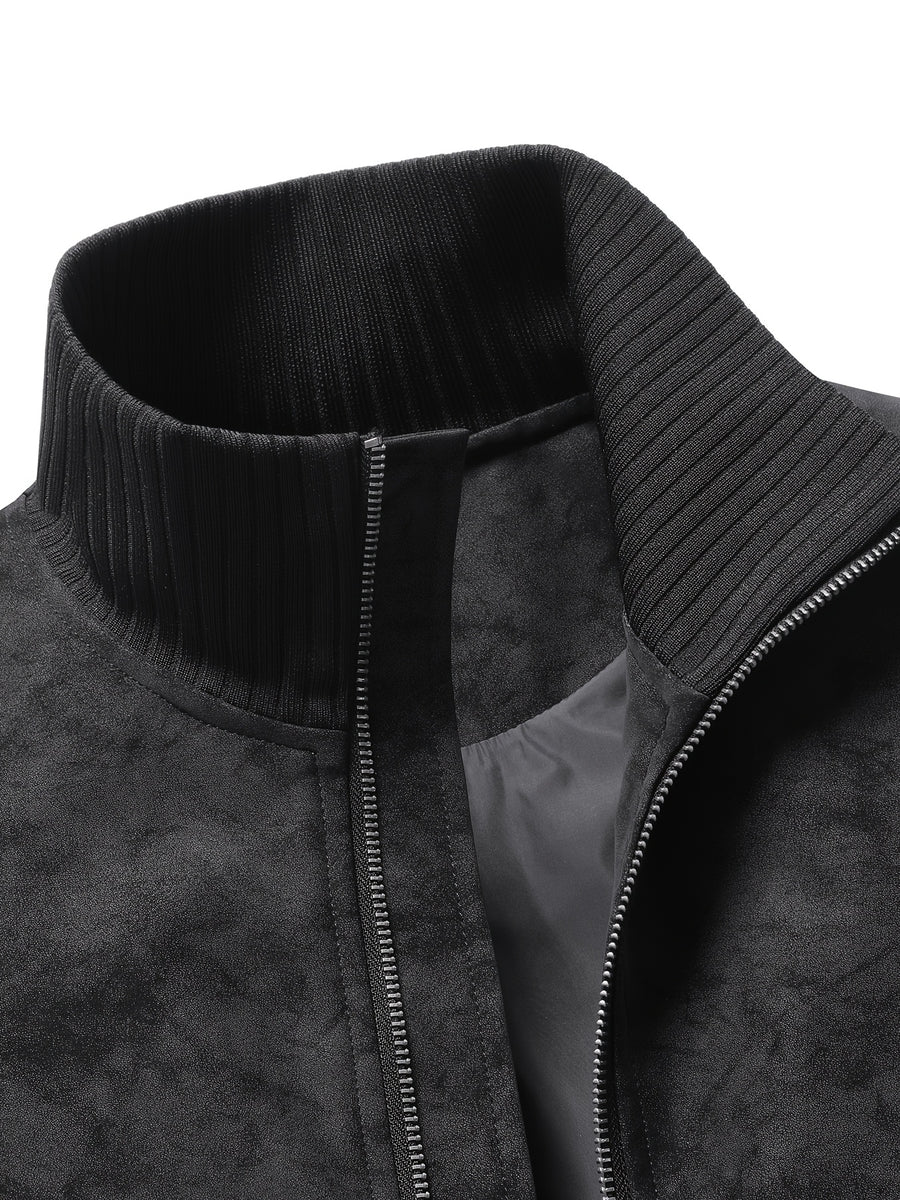 Men's Stand Collar Jacket, Windproof, Warm, Versatile, and Wear-Resistant, with Textured Finish and Precision Stitching. Loose-Fit Short Baseball Jacket Style for Daily Commuting, Streetwear, and Autumn/Winter Casual Wear. Features Ribbed Cuffs - Black