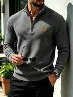 2pcs Men's Fashionable Versatile Top, Twill Texture Half-Zip Stand Collar Long-Sleeve Sweatshirt, Knitted Solid Color Long-Sleeve Casual Top for Daily Leisure, Sports & Fitness, Fashionable and Versatile. Soft, Comfortable, and Stylish Solid Color - Gray+Khaki