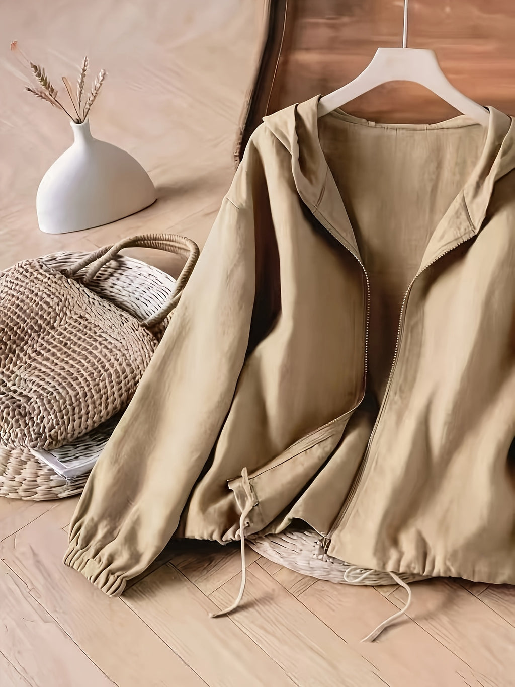 Casual and Comfortable Drawstring Adjustable Hem Zip-up Hooded Jacket, Versatile for Casual Attire - Khaki
