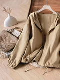Casual and Comfortable Drawstring Adjustable Hem Zip-up Hooded Jacket, Versatile for Casual Attire - Khaki