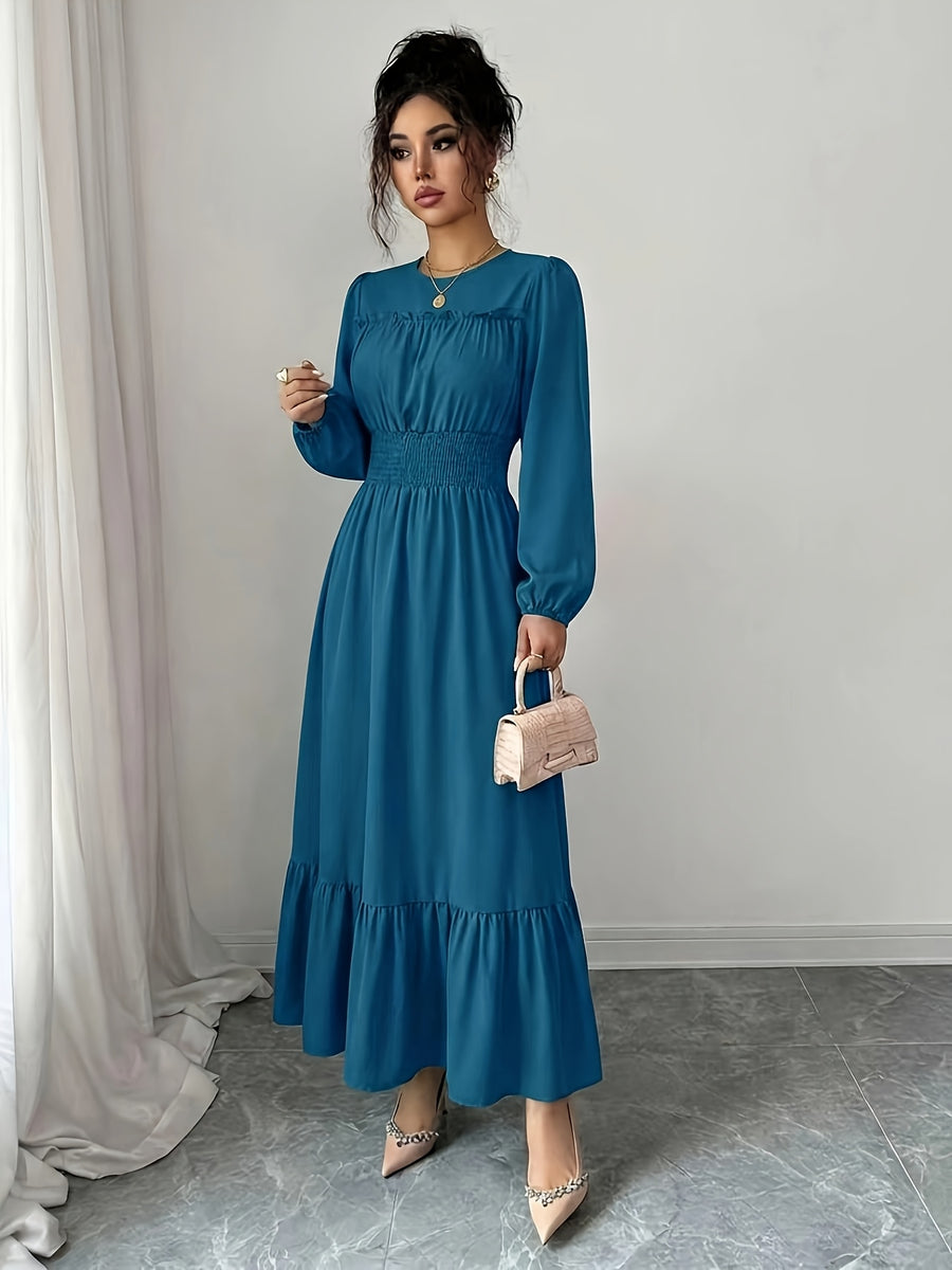 Women's Round Neck Ruffle Bubble Long Sleeve Stretch Elastic Waist Flowy Dress, Solid Color Layered Long Skirt with Tiered Ruffle Hem for a Flowing Drape. Suitable for Daily Outings, Beach Trips, Weekend Getaways, and Casual Dates - Blackish Green