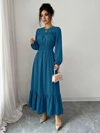 Women's Round Neck Ruffle Bubble Long Sleeve Stretch Elastic Waist Flowy Dress, Solid Color Layered Long Skirt with Tiered Ruffle Hem for a Flowing Drape. Suitable for Daily Outings, Beach Trips, Weekend Getaways, and Casual Dates - Blackish Green
