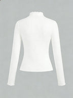 Solid-color Women's Long-sleeved T-shirt with a High Collar - White