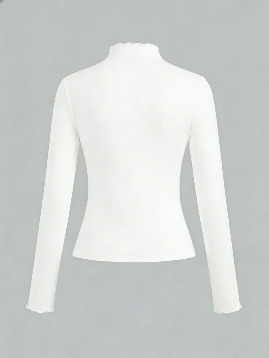 Solid-color Women's Long-sleeved T-shirt with a High Collar - White
