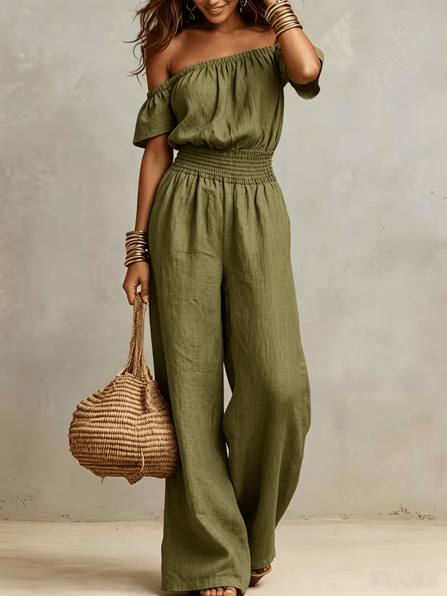 Vintage Off-the-Shoulder Sexy Sleeveless Drawstring Waist Wide-Leg Jumpsuit - Olive Green