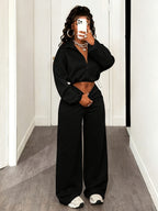 Women's Solid Color Long Sleeve Zip-Up Top and Wide Leg Pants Casual 2pcs Set, Daily Casual Sportswear Outfit - Black