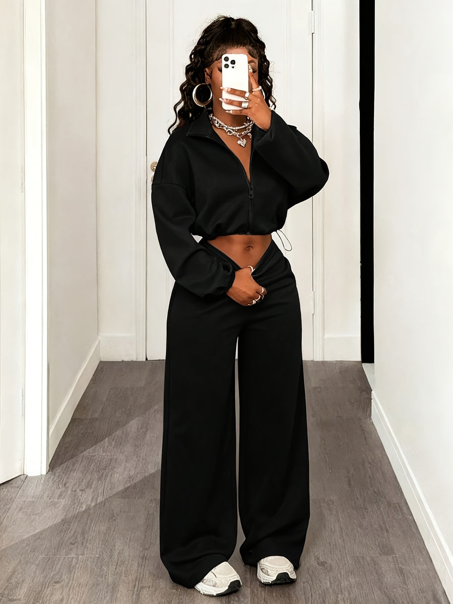 Women's Solid Color Long Sleeve Zip-Up Top and Wide Leg Pants Casual 2pcs Set, Daily Casual Sportswear Outfit - Black