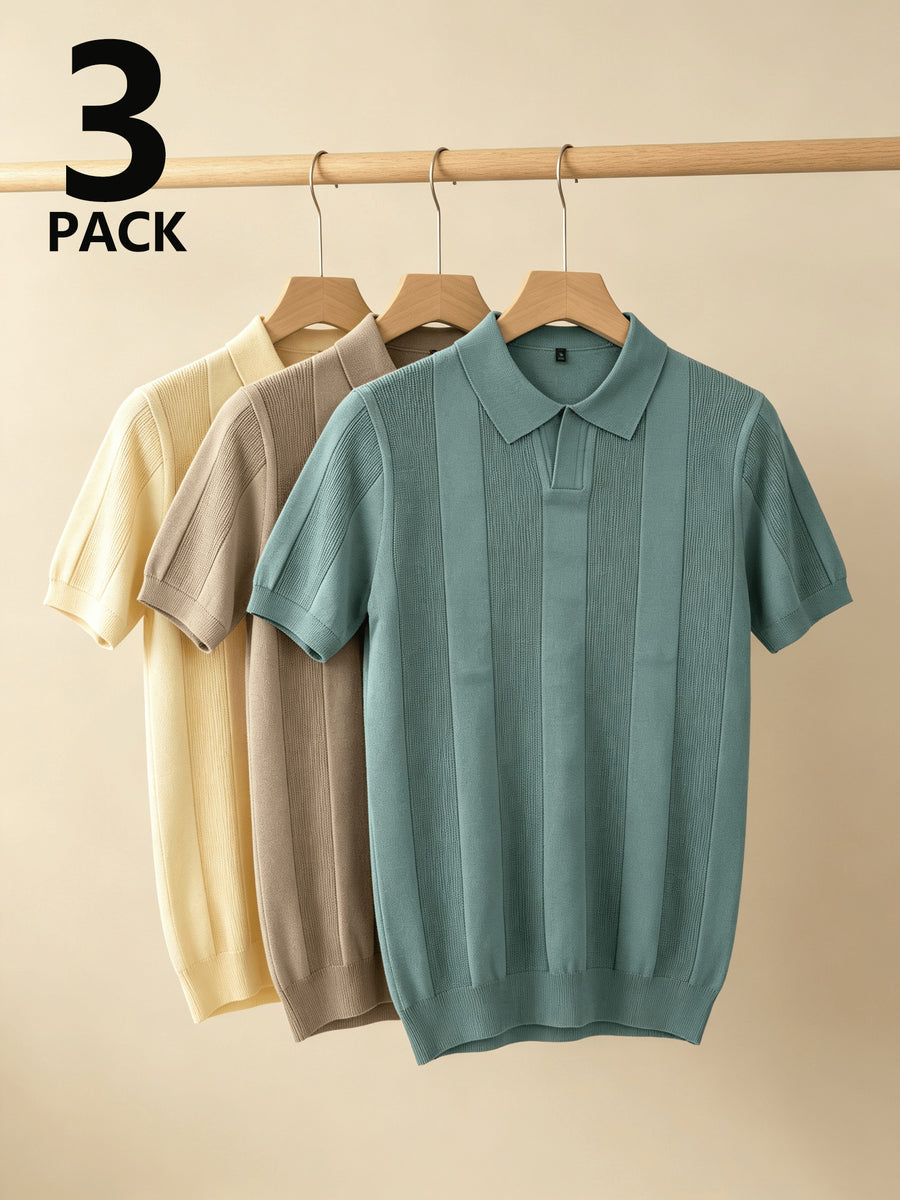 Men 3pcs Vertical Textured Knit Polo Shirts, Slim Fit Notch Collar Short Sleeve Knitwear, Lightweight Comfort Shirts for Office Vacation Daily Wear - Yellow-Light Brown-Gray Green