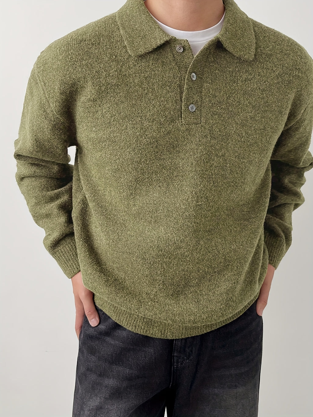 Men's POLO Collar Sweater for Autumn/Winter, Lazy-Style High-End Winter Pullover, Inner Layer Base Top, Lapel Knit Outerwear, Thick Jacket - Olive