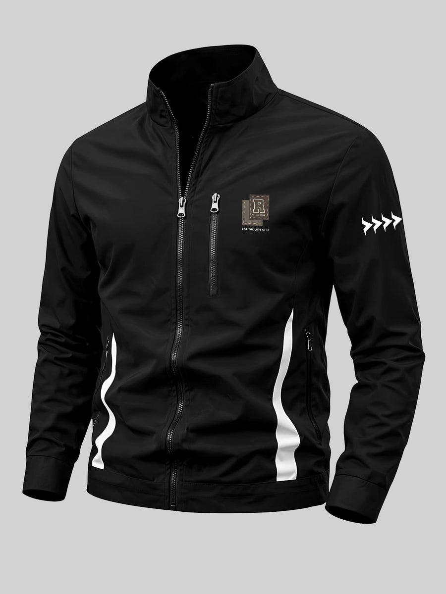 Men'S Spring Autumn Stand-Collar Casual Jacket, Zipper-Style Lightweight Coat, Side Contrast Stand-Collar Sporty Commuter Top - Black
