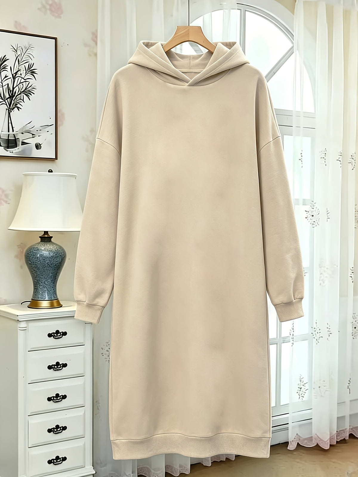 Autumn and Winter Women's Fashion Casual -lined Thickened Pullover Long Sleeve European and American Hooded Sweatshirt with Print Sweatshirt Long Trendy Casual Versatile - Apricot